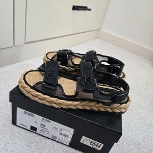 CHANEL Black Sandals with Braided Tan Sole